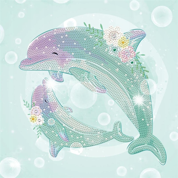Tablou creativ Dolphin Dance, set de aplicare diamante, 28x28cm, multicolor
