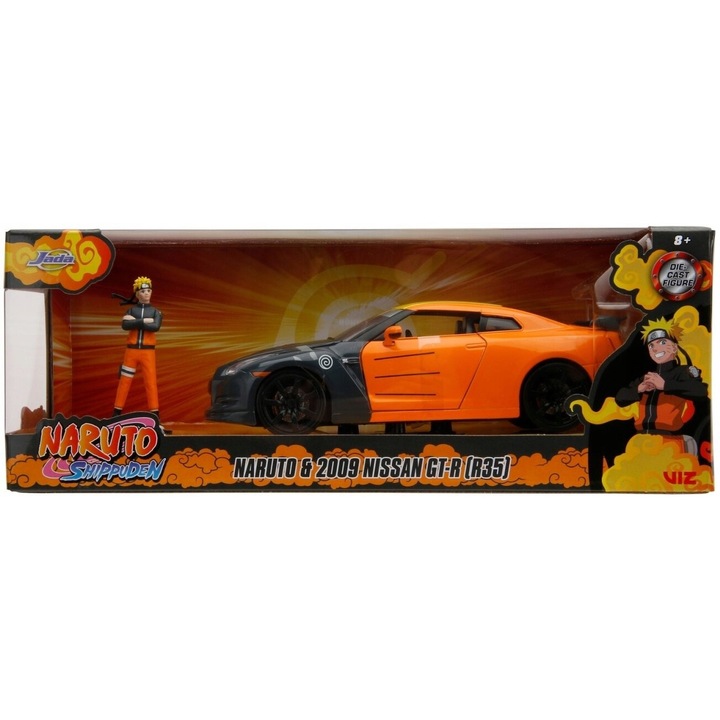 Количка Jada Nissan GT-R 2009, с фигурка Наруто, 1:24, черен/оранжев