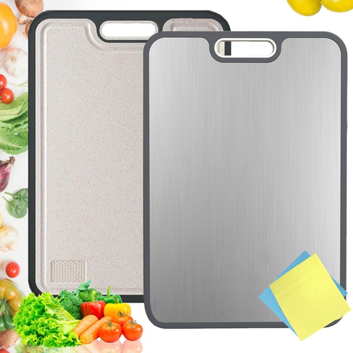 Tocator de bucatarie, fata dubla din Titan si Fibra de Paie de Grau, Zoffer, Antibacterian, Rezistent, Sant de scurgere pentru sucuri, pentru alimente, 38.5x26.5 cm + 2 lavete suedeze