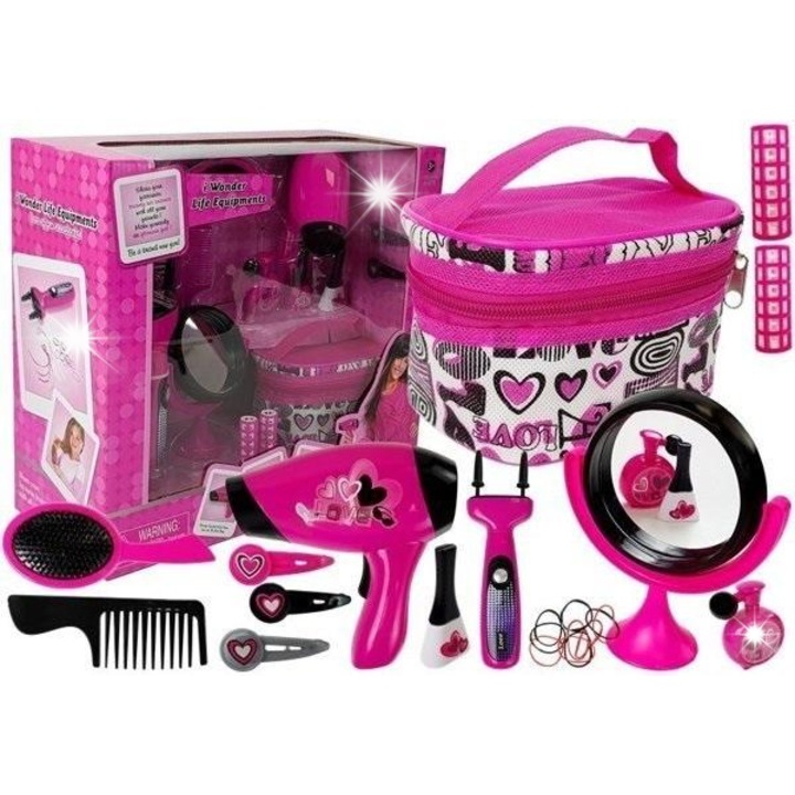 Комплект детска козметика, LEAN Toys, тоалетка с огледало, 4 сенки за очи, 4 гланца за устни, 3 лака за нокти, многоцветен, 19x13x5см