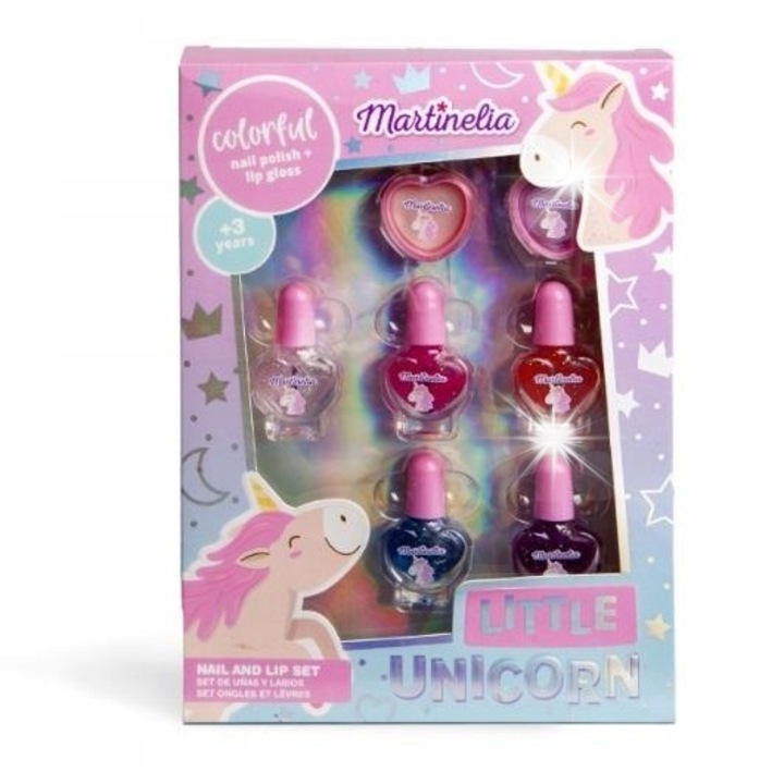 Комплект детска козметика, Martinelia, 5 лака за нокти, 2 гланца за устни, многоцветен