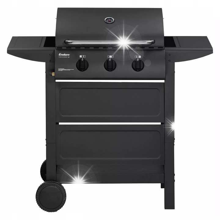 Газов грил Сан Диего UP 3, 3 горелки, 102x52x97см, черен, с термометър и решетка за загряване