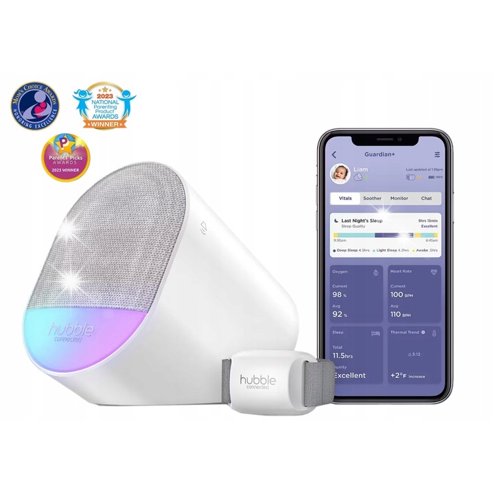Интелигентен монитор за бебета Hubble Connect Guardian+, наблюдение на кислород, пулс, температура, бял