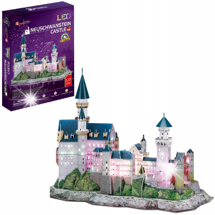 Puzzle 3D Cubic Fun Neuschwanstein kastély, 128 darab, LED világítással, környezetbarát anyag