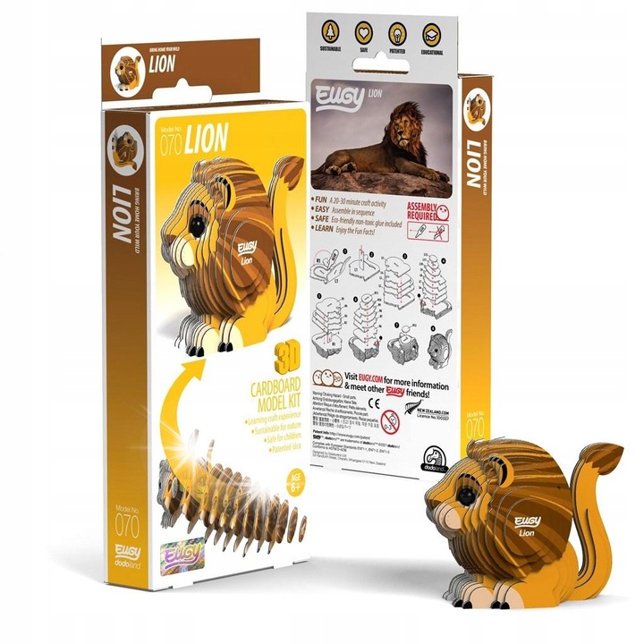 3D пъзел Лъв, Eugy, креативен, екологичен комплект, за деца 6 години+, рециклируем картон