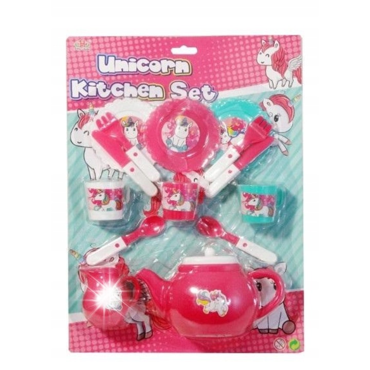 Gyermek konyhai játékkészlet, tányérok, csészék, teáskanna, unikornis dekorációval, műanyag