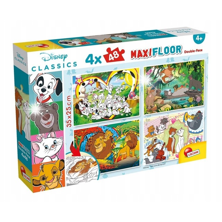 Комплект пъзели Lisciani, 4x48 части, Disney, илюстрации за оцветяване, 48x34см