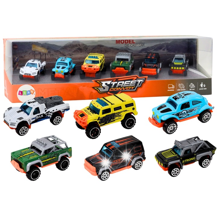 Terepjáró fém kisautó készlet 1:64, LEAN Toys, 6 modell, méretek 7x3x3cm, 35x10x10cm