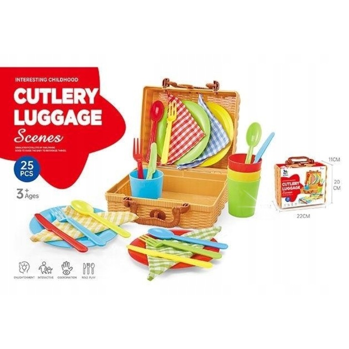 Gyermek piknik készlet, 25 részes, piknikkosárban, játékkonyha