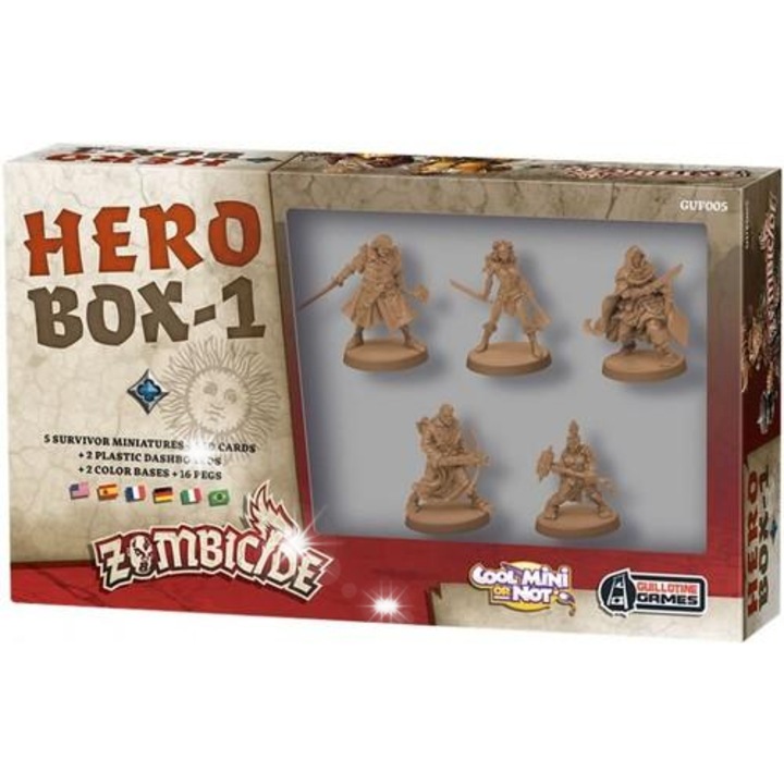 Zombicide: Hős Doboz 1, társasjáték, 5 figura, 2 tábla, 13x22x4.5cm