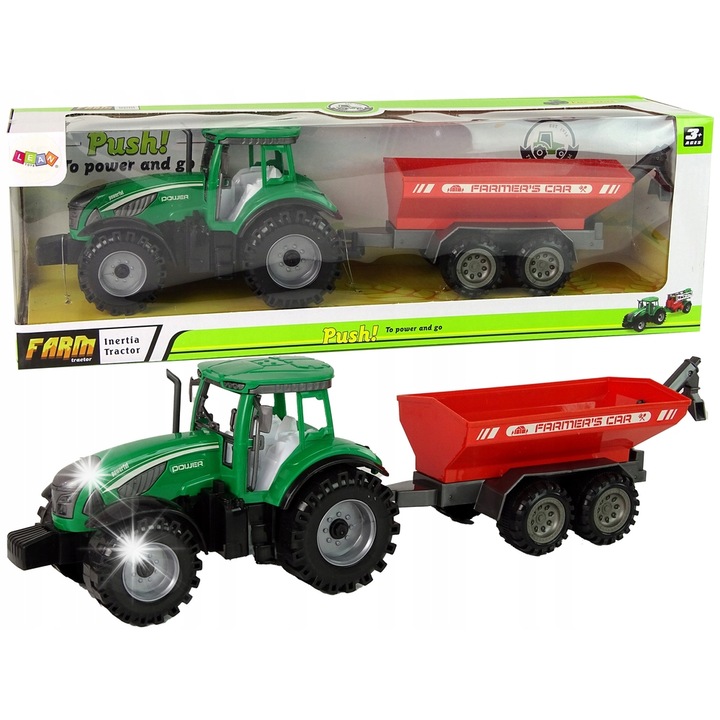 Зелен трактор с червено ремарке, LEANToys, задвижване чрез триене, размери 46x11x15см