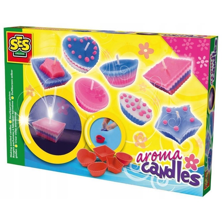 Set de artizanat SES Creative, complet pentru turnarea lumanarilor parfumate, 5 forme, 3 bare de ceara, instructiuni