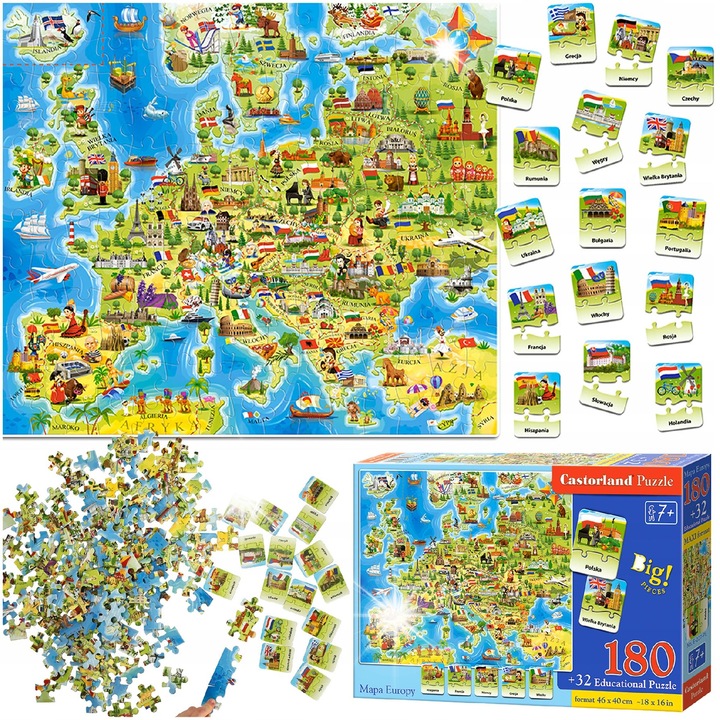 Образователен пъзел Castorland, Карта на Европа, 180 части + 32 части тест, 46x40см,