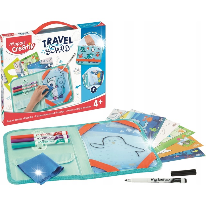 Tabla creativa transparenta Maped, set cu 4 markere, dimensiuni 23x29x3,3 cm, pentru copii de la 4 ani