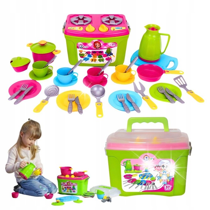 Комплект кухненски прибори за деца, Технок, 37 елемента, безопасен и издръжлив, многоцветен