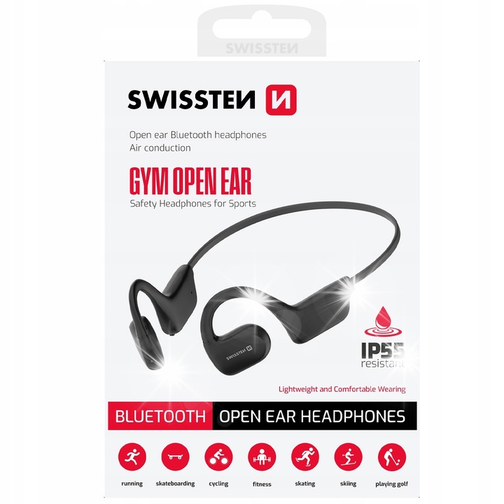 Vezeték nélküli sport fülhallgató, Swissten, Dolby Atmos 360, vízálló, 125x100x40mm