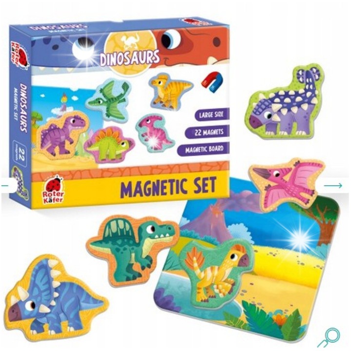Mágneses dinoszaurusz puzzle gyerekeknek, 22 mágneses készlet és mágneses tábla, Roter Kafer