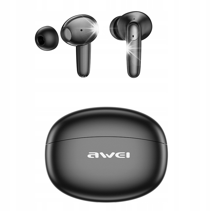 Vezeték nélküli fülhallgató Awei T90 ENC, fekete, Bluetooth 5.3, 6 óra zenelejátszás, 7 óra beszélgetési idő, szett