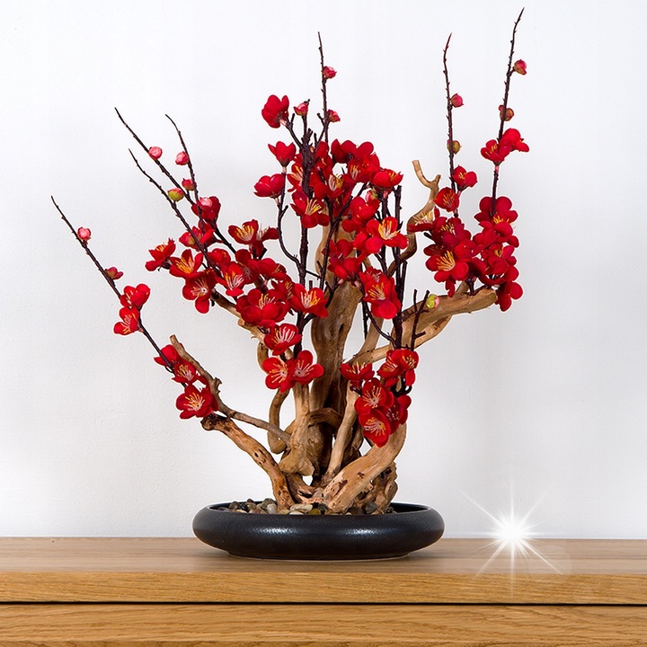 Декоративно бонсай, червена слива, 50x50x30см, от естествено дърво с текстилни цветя, комплект с декоративен камък