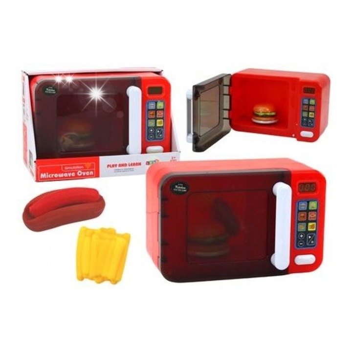Gyermek konyhai szett, Leantoys, Piros mikrohullámú sütő, Kiegészítők, 26,5x17x13cm