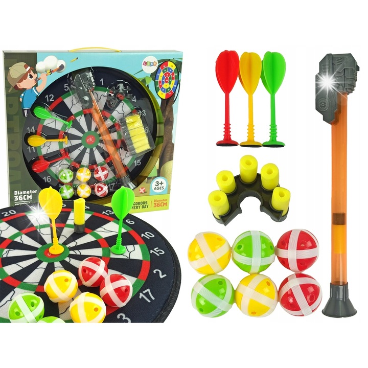 Darts játék szett gyerekeknek, Lean toys, 36 cm, 6 labda, 3 nyíl, többszínű
