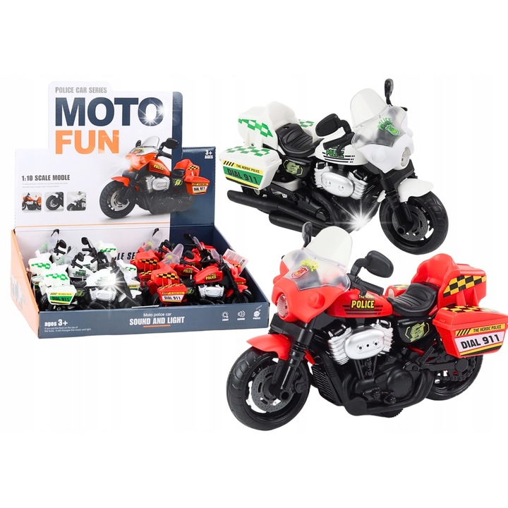 Motocicleta de jucarie LEAN Toys, set 8 bucati, alb si rosu, efecte luminoase si sonore, 1:10