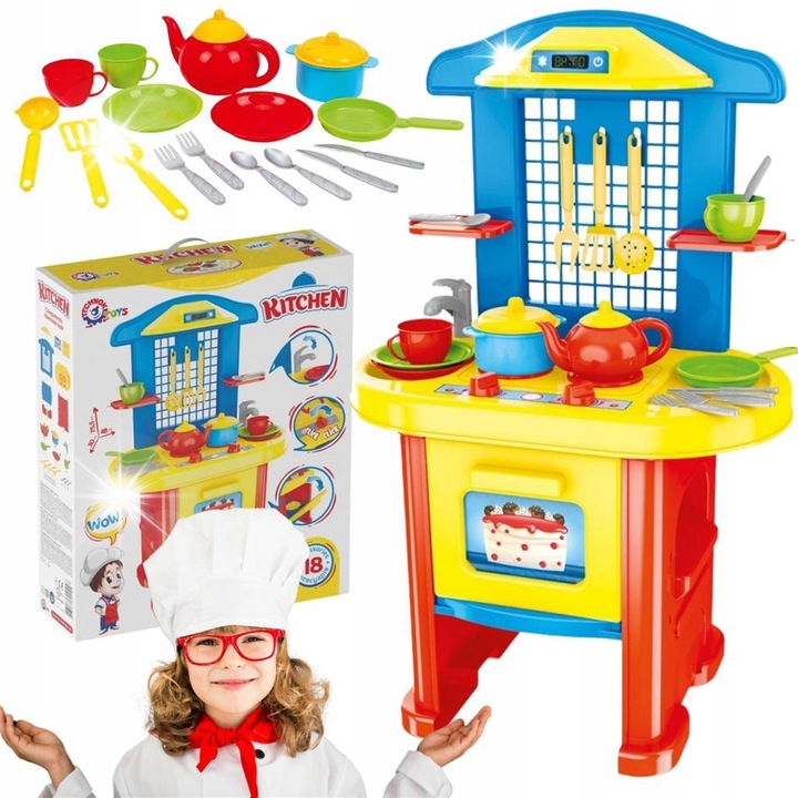 Комплект детска кухня, Technok, кухненска маса, 18 аксесоара, 75,5x48x30см, многоцветен