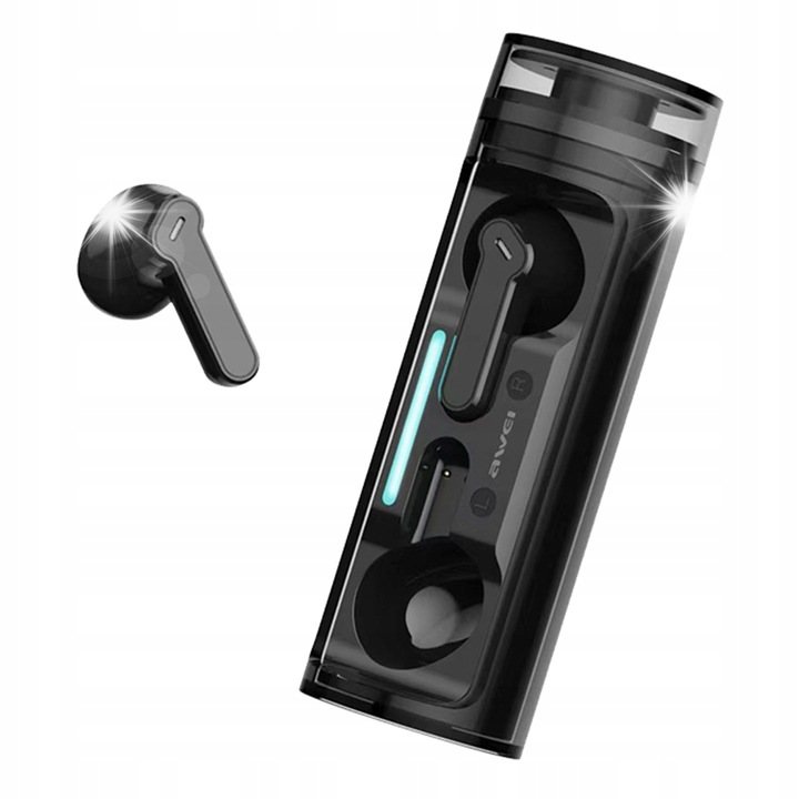 Vezeték nélküli fülhallgató, Awei, T77 ENC, 4 mikrofon, vízálló, fekete, töltőtokkal
