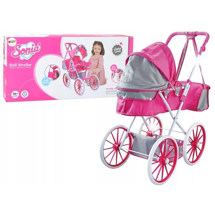 Fém babakocsi, LEAN Toys, rózsaszín, habkerekekkel, huzattal és kiegészítő táskával