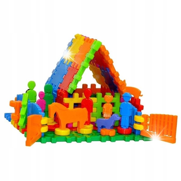 Set de constructie Klocki Moj Dom Familial, Macyszyn Toys, culori vii, plastic de calitate, 30x30cm