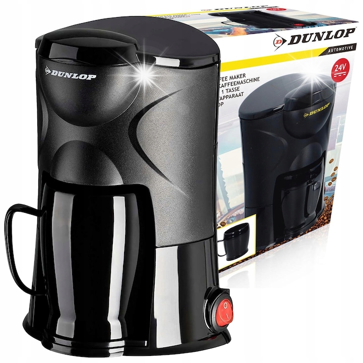Filtru de cafea auto Dunlop 24V, putere 170W, cu filtru reutilizabil, cana 150ml, negru, dimensiuni 18,5x14x11cm