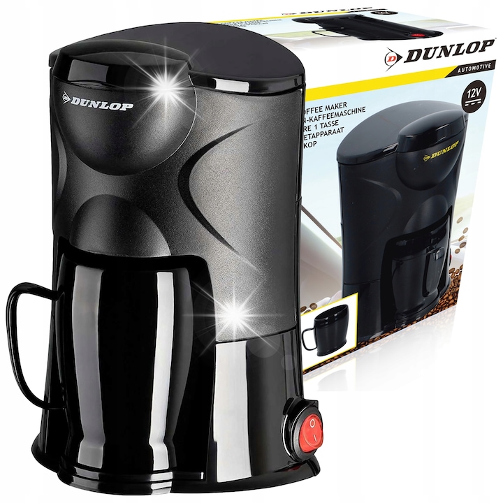 Filtru de cafea auto Dunlop 12V, 170W, cu filtru reutilizabil, negru, dimensiuni 18,5x14x11cm, cu cana de 150ml