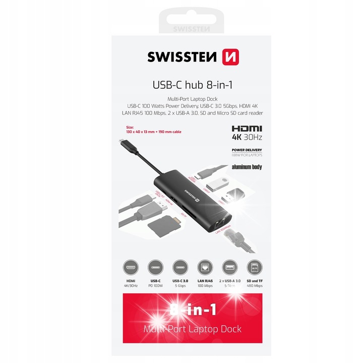 USB-C elosztó 8 az 1-ben HDMI 4K, 100W, 2x USB-A, SD, Micro SD, 130x40x13mm