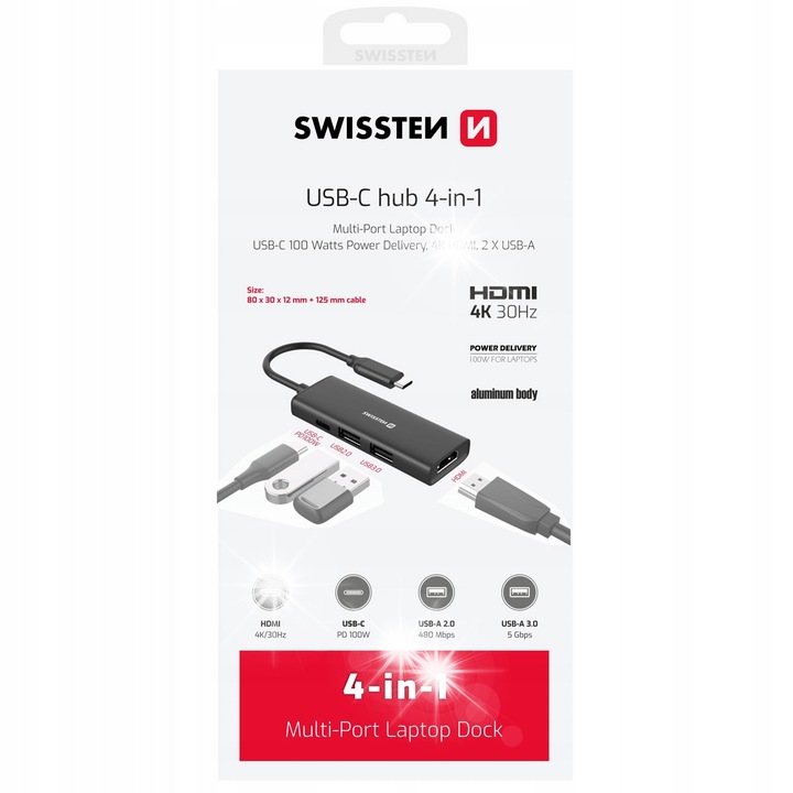 USB-C Hub 4 az 1-ben, HDMI 4K, 2x USB-A, alumínium, 100W
