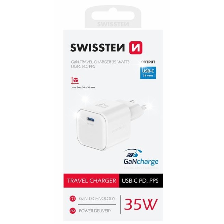 Swissten 35W GaN USB-C gyors töltő, kompakt, túlfeszültség-védelem, 36x36x36mm