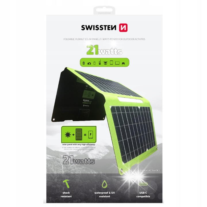 Сгъваем соларен панел Swissten 21W, USB-C 15W, USB-A 12W, 61,5x31x0,5cm