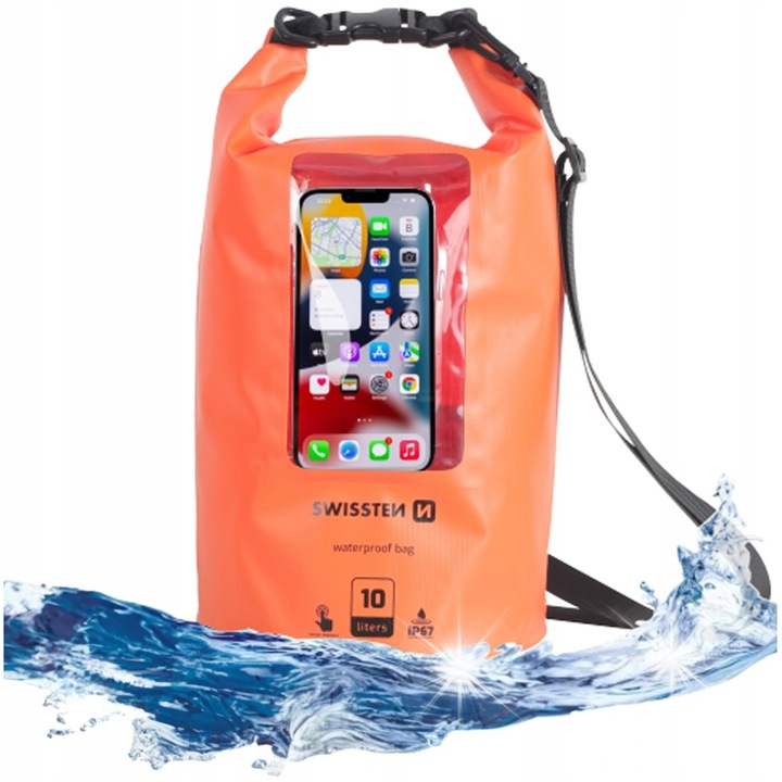 Sac impermeabil 10L Swissten, cu buzunar pentru smartphone, 45x21cm