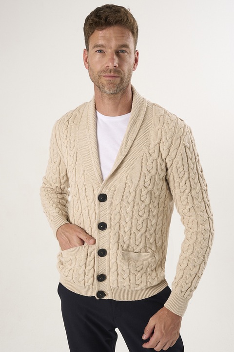 FELIX HARDY, Cardigan din bumbac cu model torsade si nasturi, Bej
