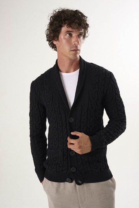 FELIX HARDY, Cardigan din bumbac cu model torsade si nasturi, Negru