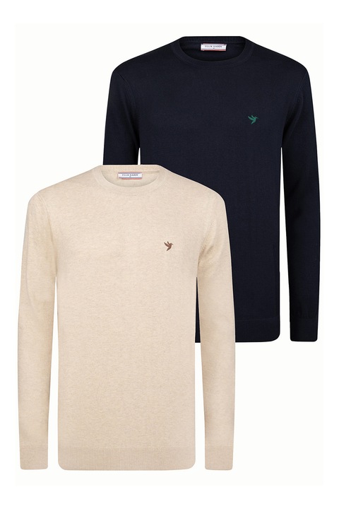 FELIX HARDY, Set de pulovere tricotate cu decolteu la baza gatului - 2 piese, Bej/Bleumarin