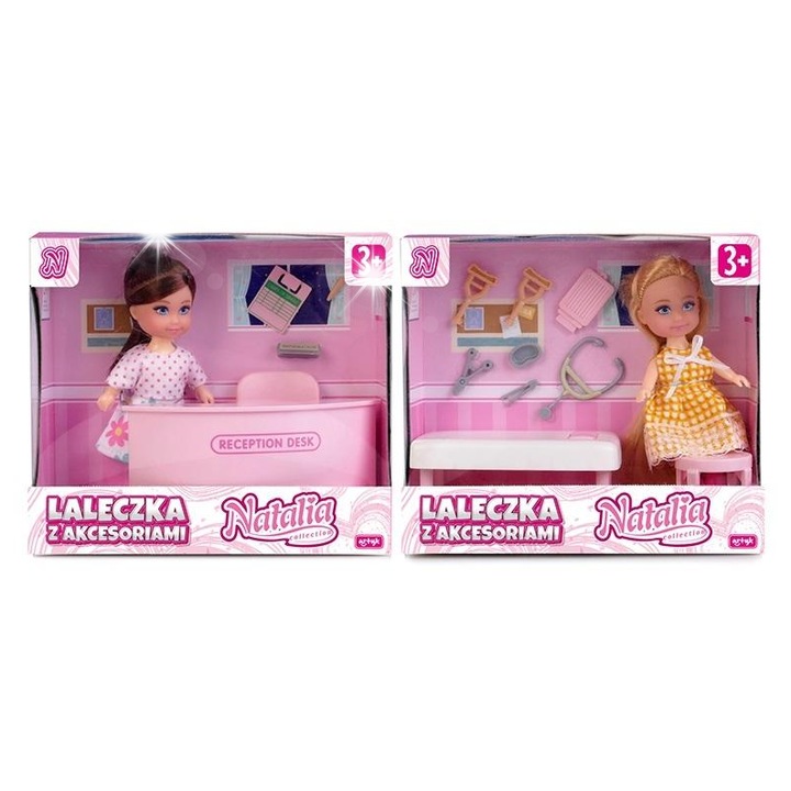 Artyk babakészlet, Lalka Natalia 11 cm, konyhával, asztallal, pizzával, 4 tányérral, 2 evőeszközkészlettel, 4 pohárral, palackkal