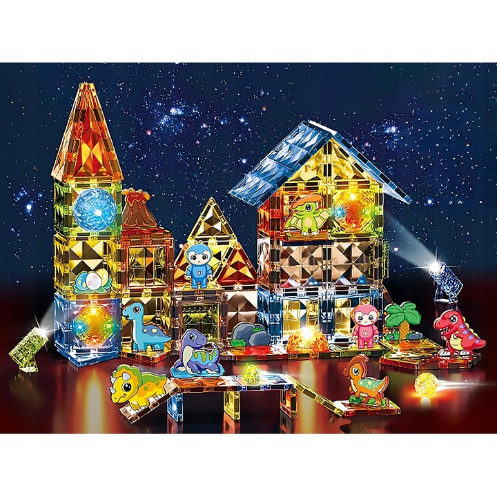 3D конструктор с магнитни светещи блокове, 124 елемента, динозаври, Woopie