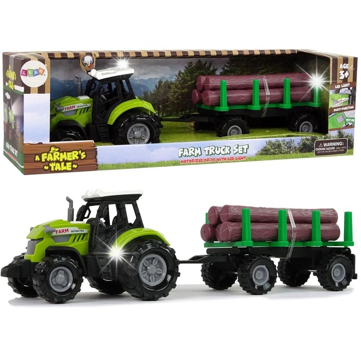 Tractor cu remorca si lemne, LEAN Toys, 28x9x8 cm