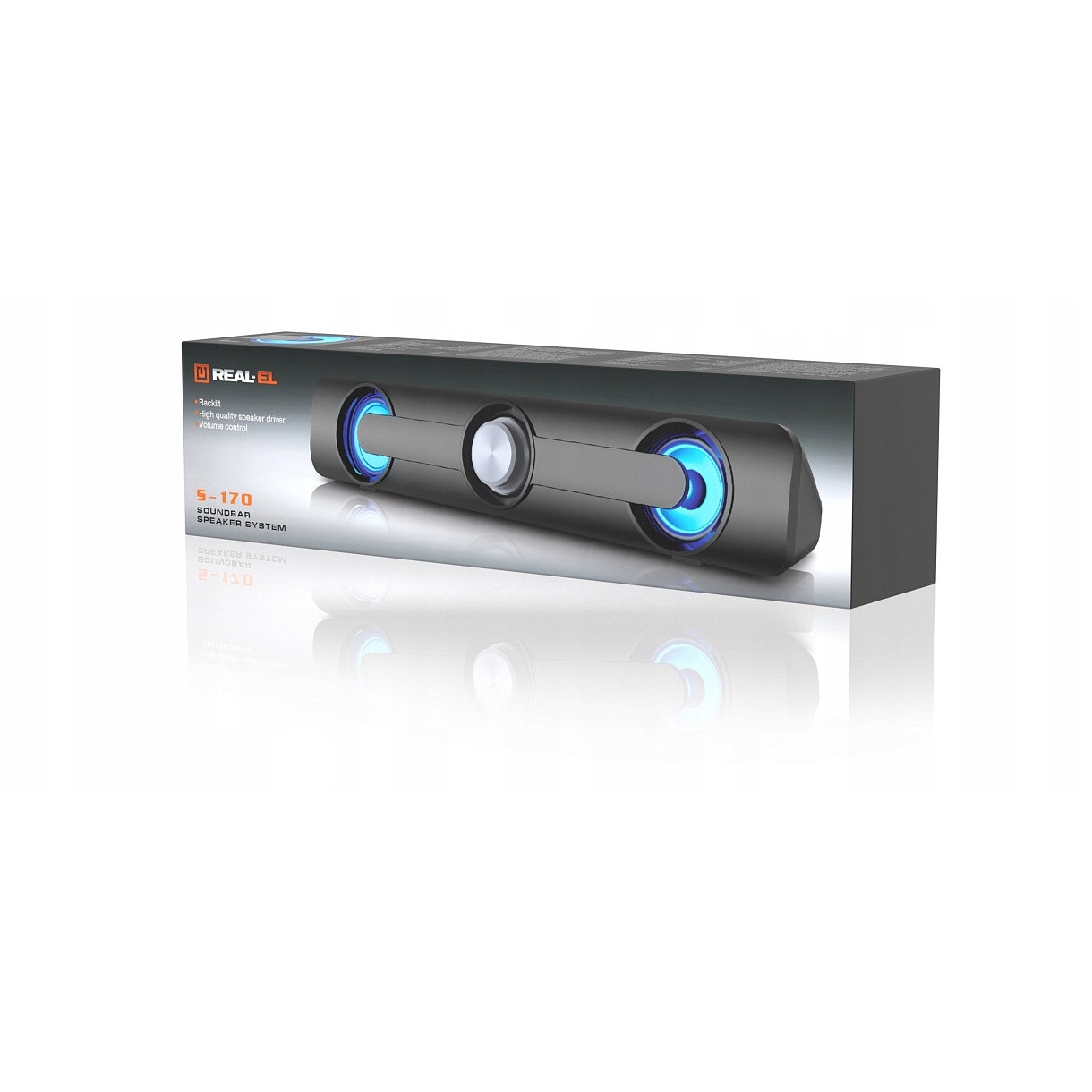 Soundbar PC REAL-EL S-170, 6W, negru, dimensiuni 32x6.5x6cm, cu iluminare LED