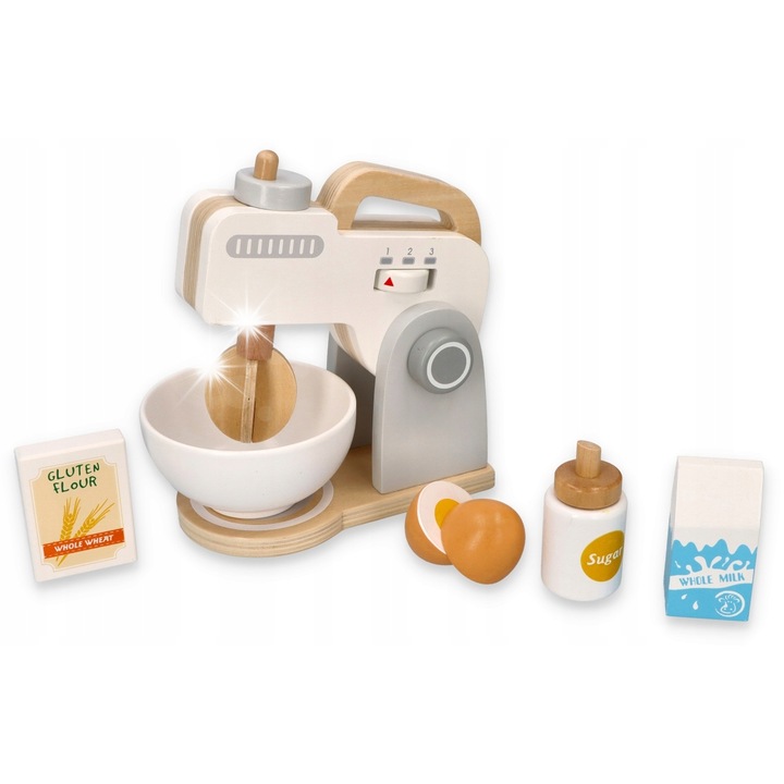 Fából készült mixer, Lelin, 7 darabos készlet, szürke, 18x20x12cm