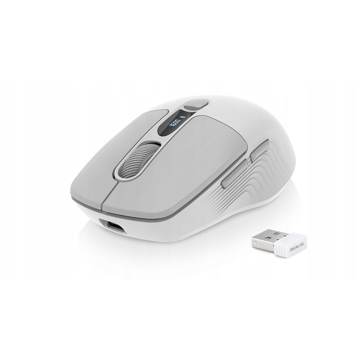 Vezeték nélküli egér REAL-EL RM-480 W, 5 gombos, 2400 dpi, fehér-szürke, 108x63x39mm