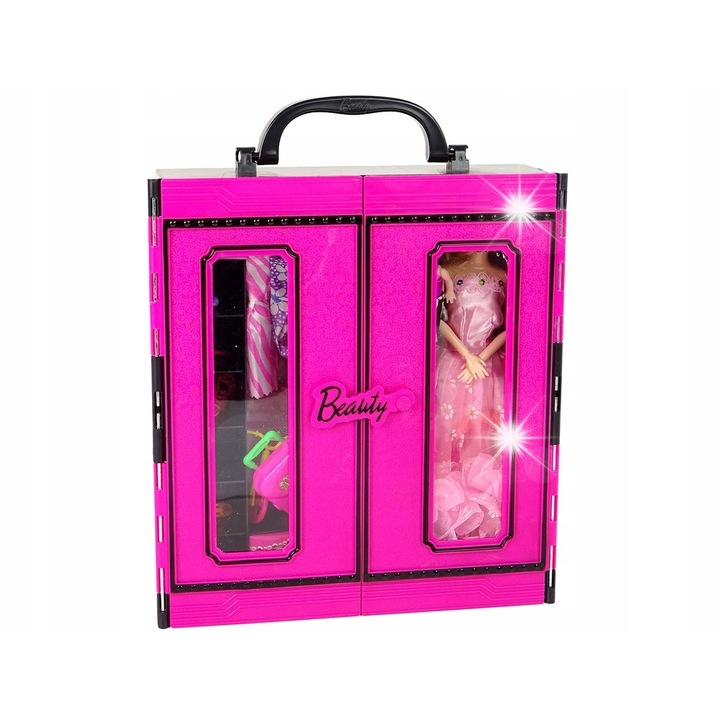 Babakészlet Gardróbbal, LEAN Toys, 30 kiegészítő, rózsaszín, 32x29x7cm