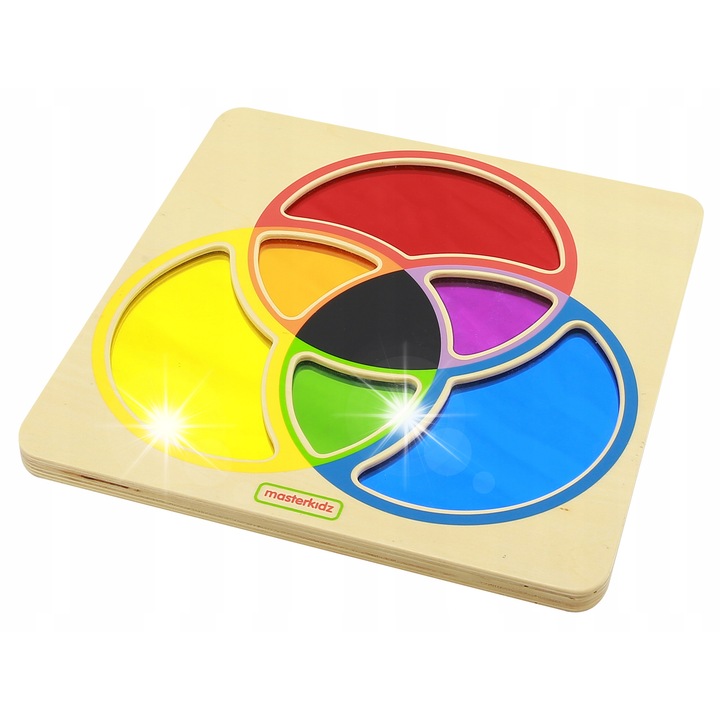 Oktató tábla színtanuláshoz, színkeverés tanulásához, 28x28x1,4cm, fából, 2 éves kortól