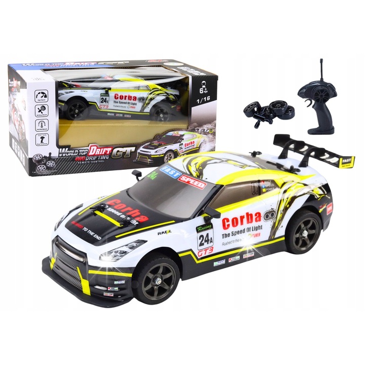 Кола RC 1:16 Drift LEAN Toys, бяло-жълта, със сменяеми колела, 24x12x10см