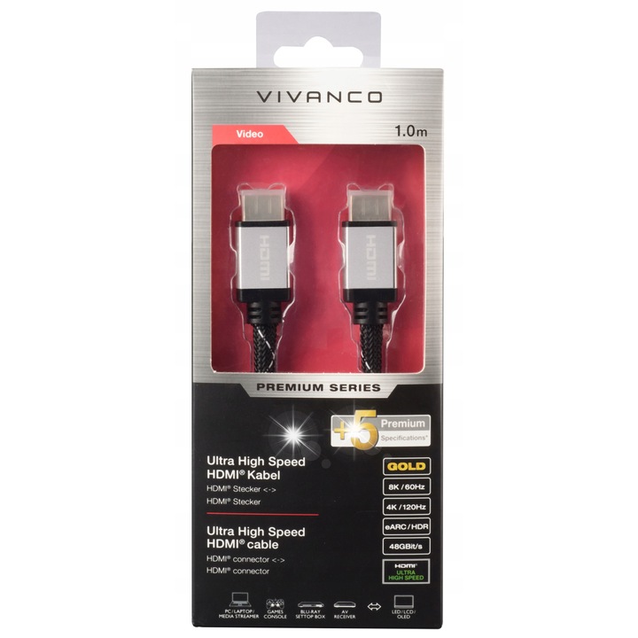 Vivanco HDMI kábel 2.1, 1m, 48Gb/s, 8K 60Hz, 4K 120Hz